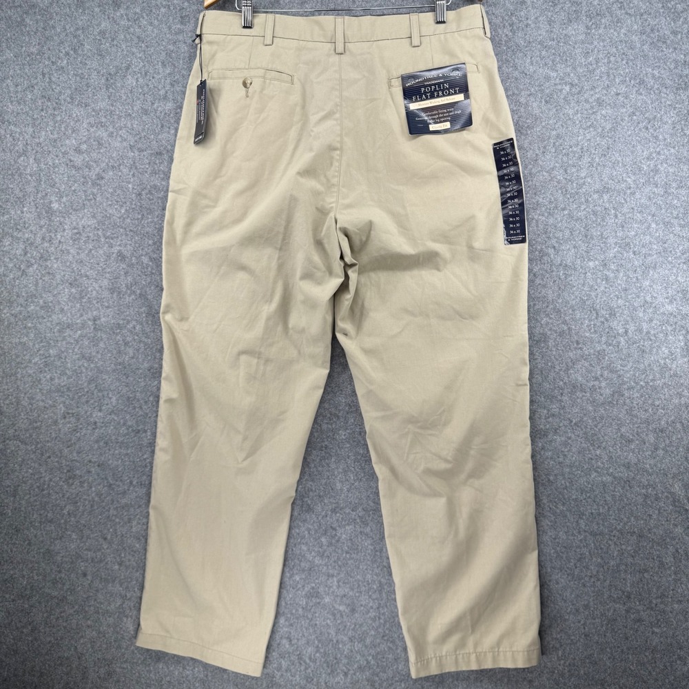 NEW Roundtree & Yorke Poplin Pants Mens 36x30 Khaki Flat Front Classic Fit